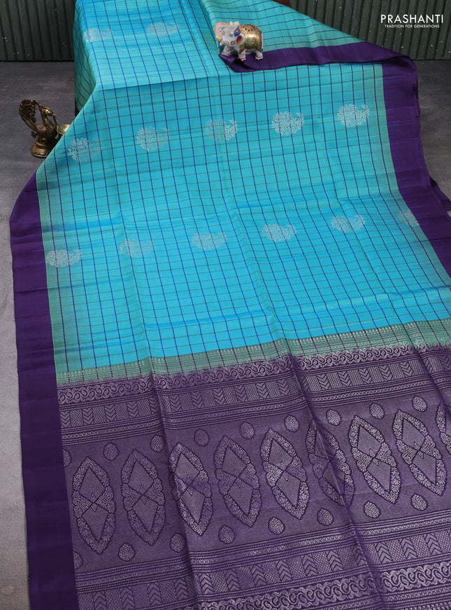 Pure soft silk saree teal blue and deep violet with allover checks & buttas and simple border