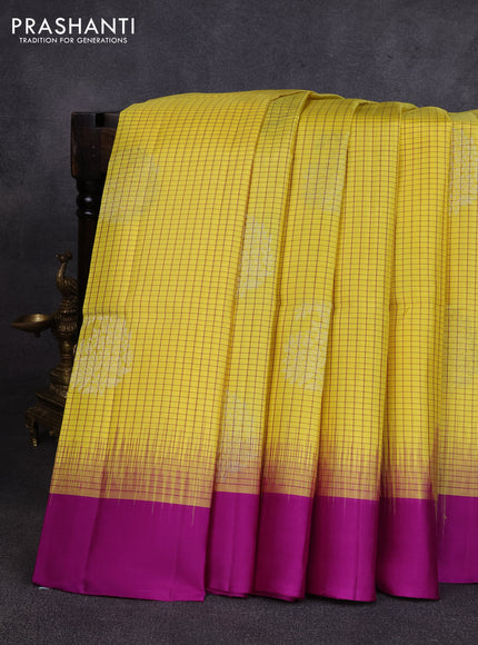 Pure soft silk saree pale yellow and purple with allover small checks & buttas and simple border