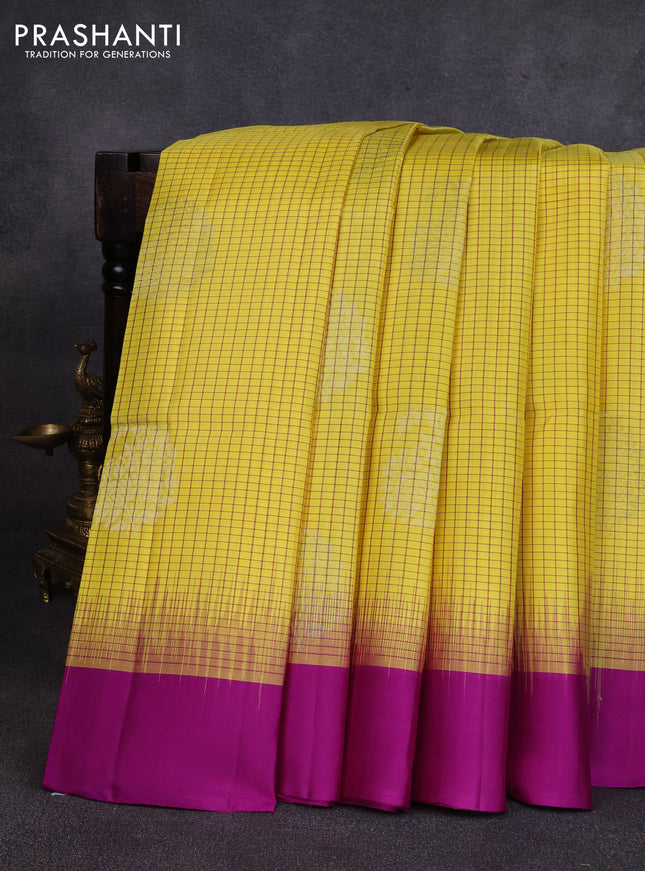 Pure soft silk saree pale yellow and purple with allover small checks & buttas and simple border