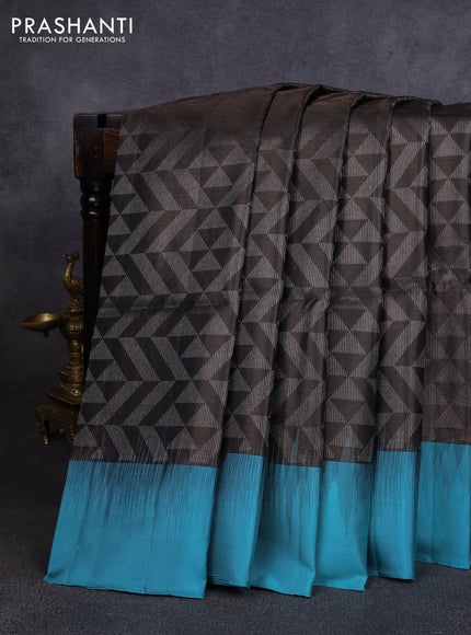 Pure soft silk saree coffee brown and teal blue with allover zari woven geometric brocade weaves and simple border