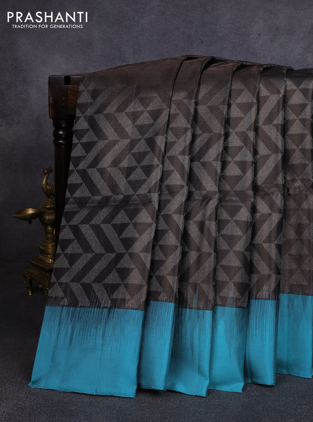 Pure soft silk saree coffee brown and teal blue with allover zari woven geometric brocade weaves and simple border