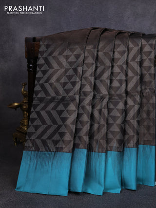 Pure soft silk saree coffee brown and teal blue with allover zari woven geometric brocade weaves and simple border