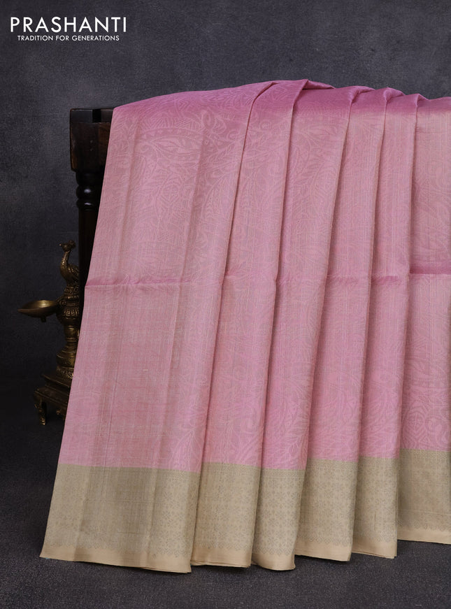 Pure soft silk saree mild peach pink and beige with allover thread & zari woven brocade weaves and woven border