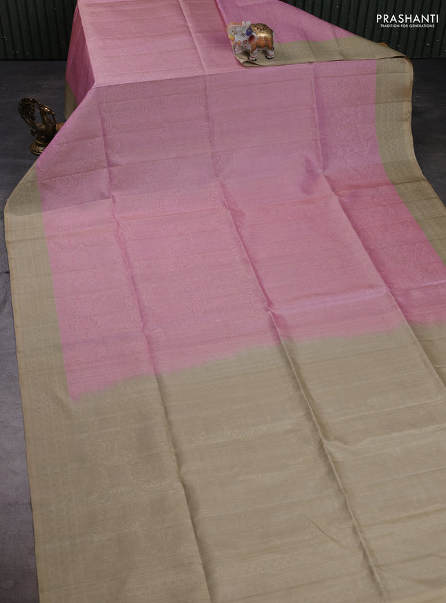 Pure soft silk saree mild peach pink and beige with allover thread & zari woven brocade weaves and woven border