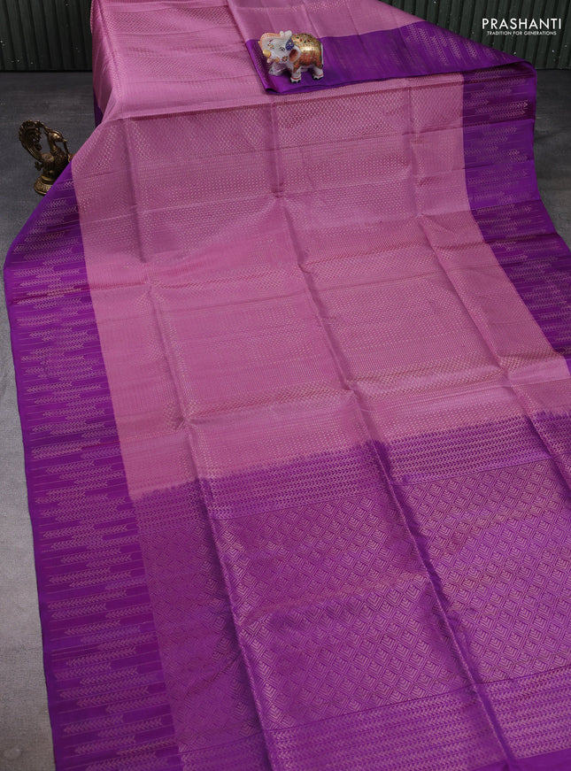 Pure soft silk saree pastel pink and purple with allover zari woven brocade weaves and zari woven border