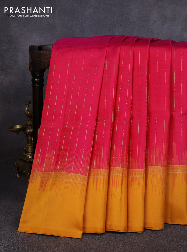 Pure soft silk saree pink and mustard yellow with allover zari woven butta weaves and zari woven simple border
