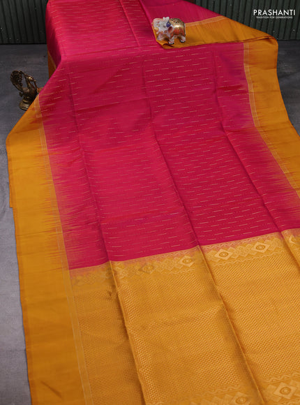 Pure soft silk saree pink and mustard yellow with allover zari woven butta weaves and zari woven simple border