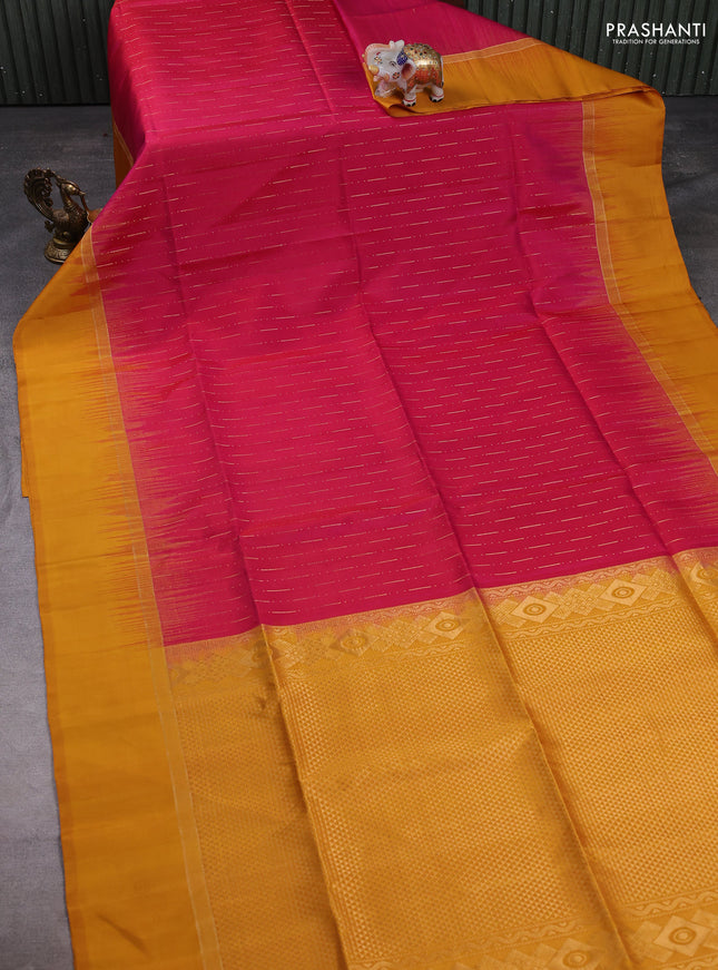 Pure soft silk saree pink and mustard yellow with allover zari woven butta weaves and zari woven simple border