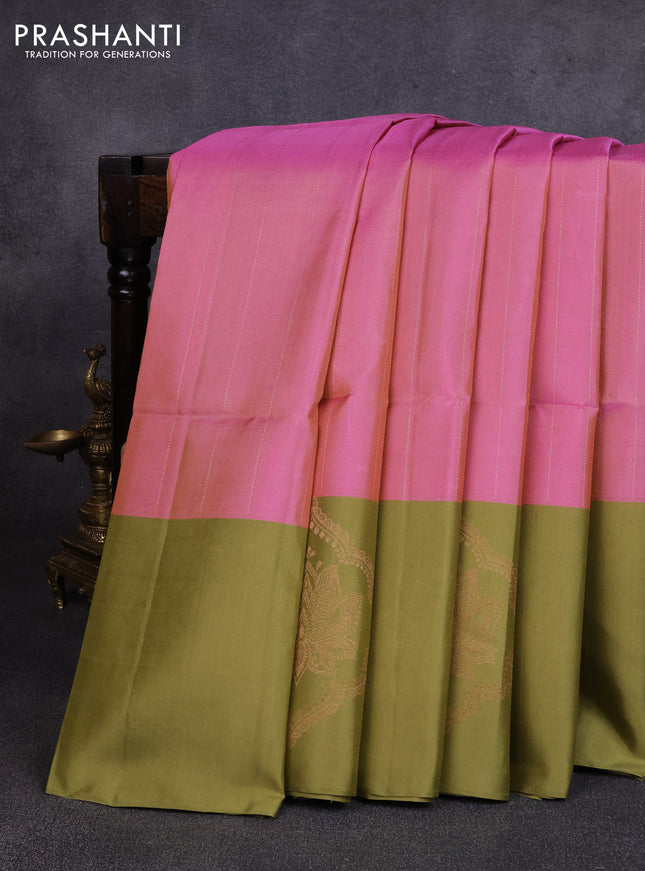 Pure soft silk saree dual shade of pink and mehendi green with allover zari stripe pattern and zari woven butta border