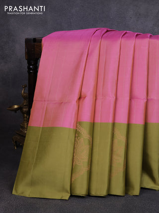 Pure soft silk saree dual shade of pink and mehendi green with allover zari stripe pattern and zari woven butta border