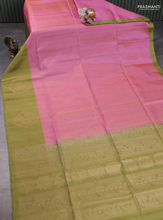 Pure soft silk saree dual shade of pink and mehendi green with allover zari stripe pattern and zari woven butta border