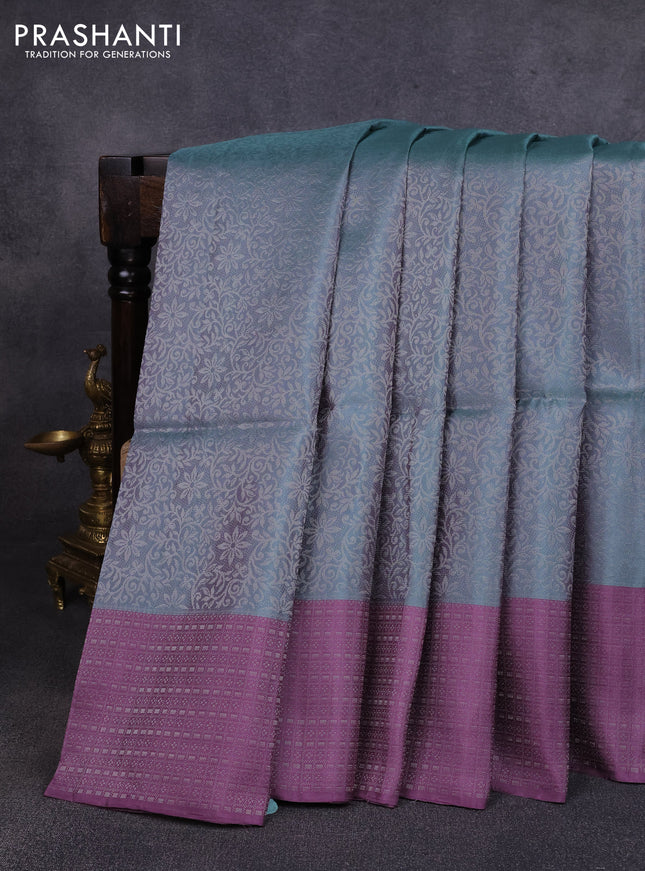 Pure soft silk saree pastel blue and pastel purple with allover silver zari woven brocade weaves and zari woven border