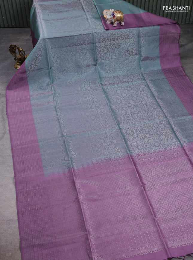 Pure soft silk saree pastel blue and pastel purple with allover silver zari woven brocade weaves and zari woven border