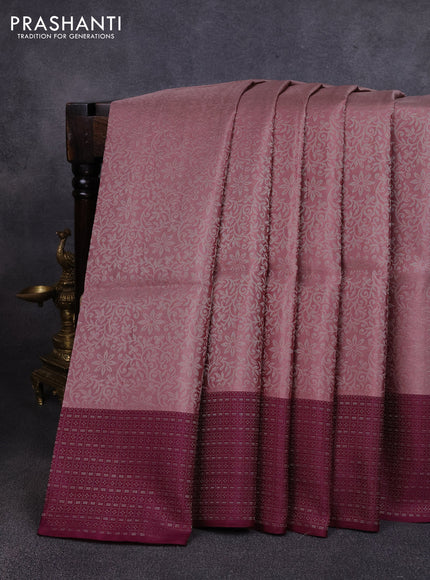 Pure soft silk saree rosy brown and deep purple with allover silver zari woven brocade weaves and zari woven border