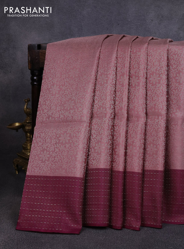Pure soft silk saree rosy brown and deep purple with allover silver zari woven brocade weaves and zari woven border