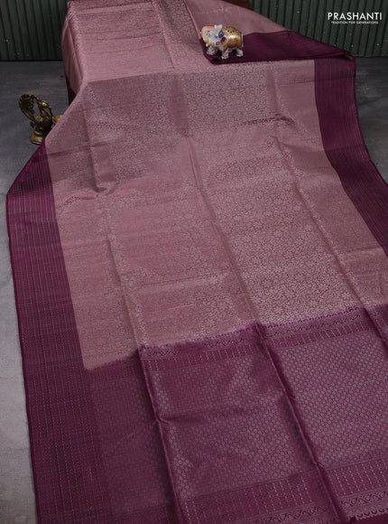 Pure soft silk saree rosy brown and deep purple with allover silver zari woven brocade weaves and zari woven border