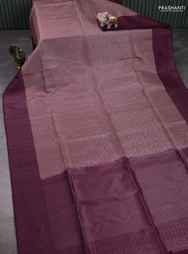 Pure soft silk saree rosy brown and deep purple with allover silver zari woven brocade weaves and zari woven border
