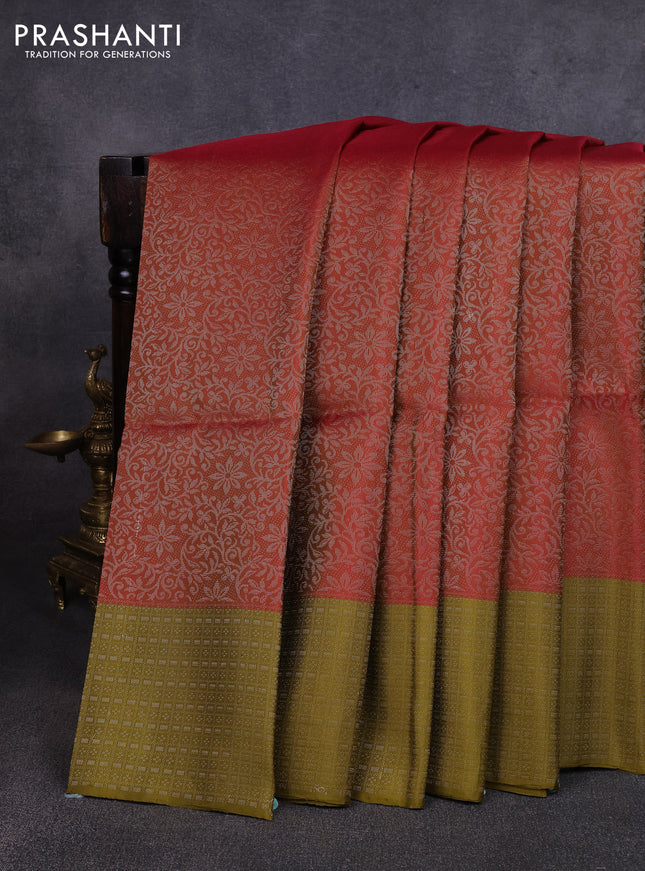 Pure soft silk saree dual shade of pink and mehendi green with allover silver zari woven brocade weaves and zari woven border
