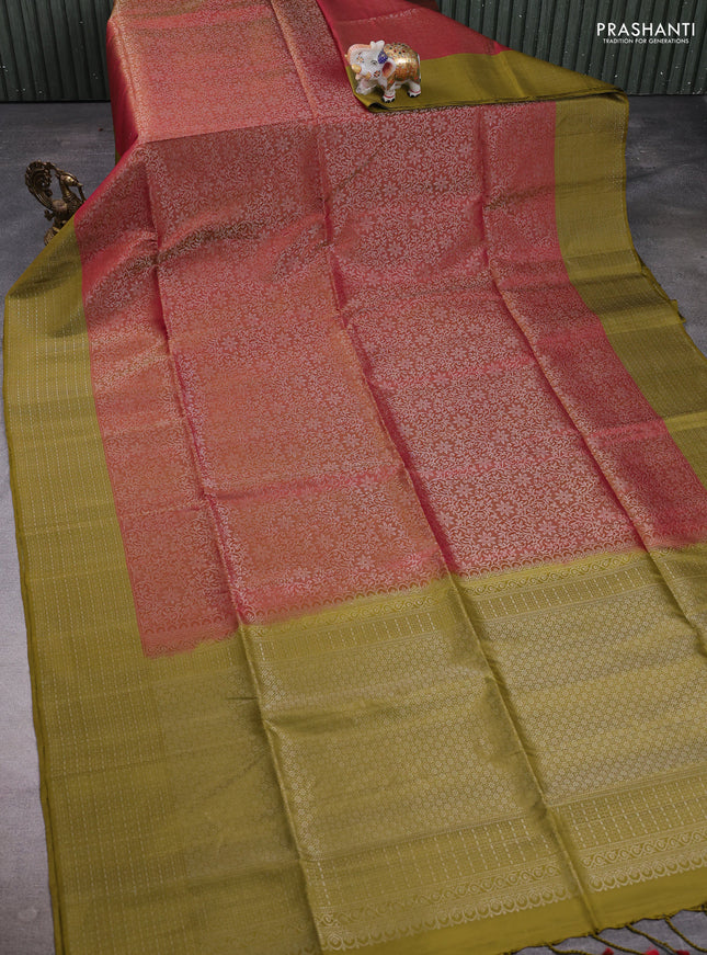Pure soft silk saree dual shade of pink and mehendi green with allover silver zari woven brocade weaves and zari woven border