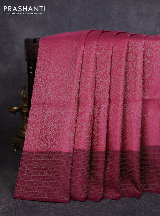 Pure soft silk saree onion pink and wine shade with allover silver zari woven brocade weaves and zari woven border