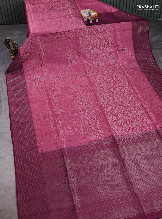 Pure soft silk saree onion pink and wine shade with allover silver zari woven brocade weaves and zari woven border