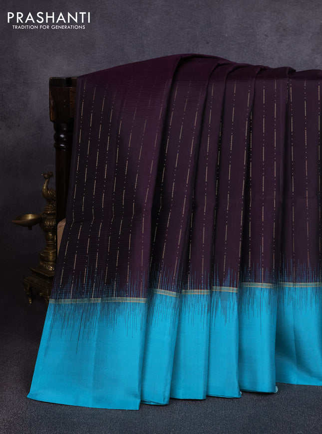 Pure soft silk saree jamun shade and teal blue with allover zari woven butta weaves and zari woven simple border
