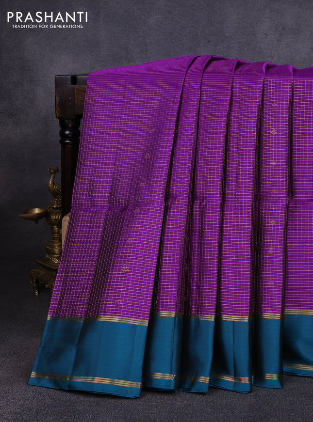 Pure soft silk saree purple and peacock green with allover small zari checks & buttas and rettapet zari woven border