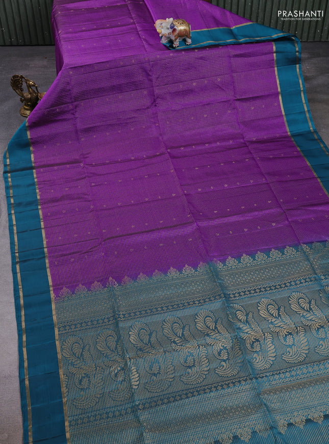 Pure soft silk saree purple and peacock green with allover small zari checks & buttas and rettapet zari woven border