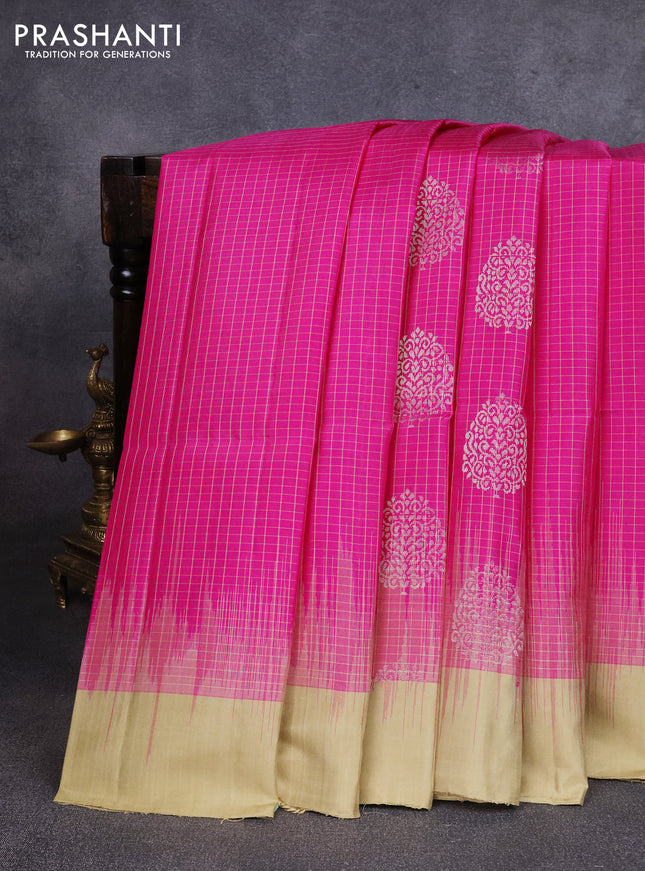 Pure soft silk saree pink and elaichi green with allover checks & zari buttas and simple border