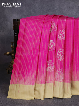 Pure soft silk saree pink and elaichi green with allover checks & zari buttas and simple border