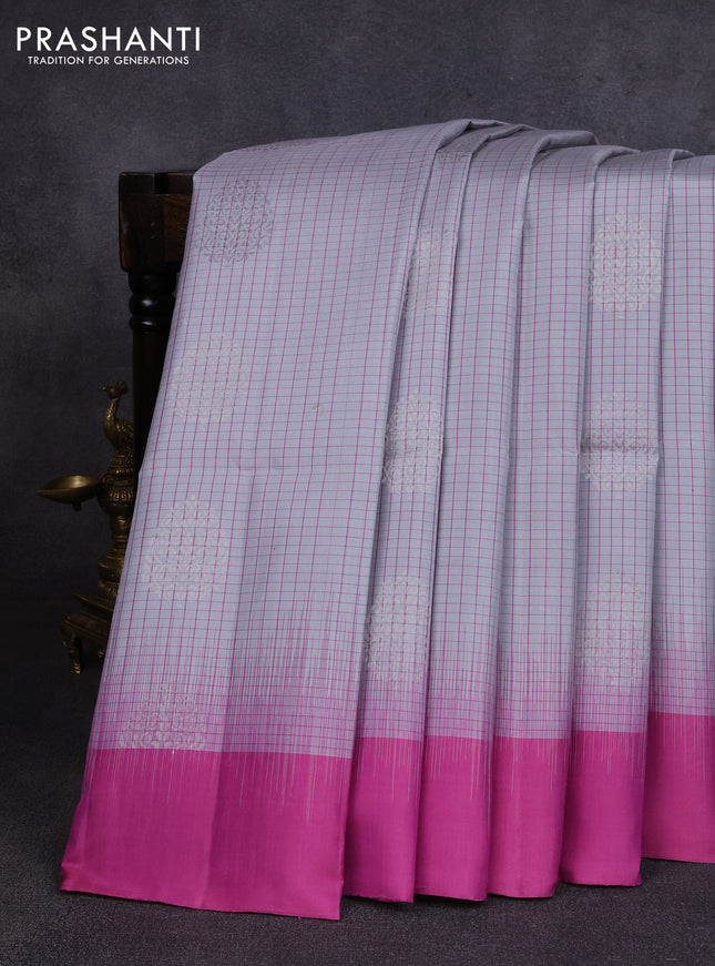 Pure soft silk saree pastel grey and mauve pink with allover checks & zari buttas and simple border