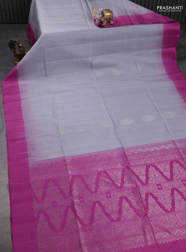 Pure soft silk saree pastel grey and mauve pink with allover checks & zari buttas and simple border