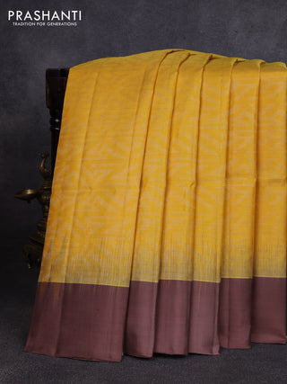 Pure soft silk saree yellow and pastel brown with allover zari woven brocade weaves and simple border