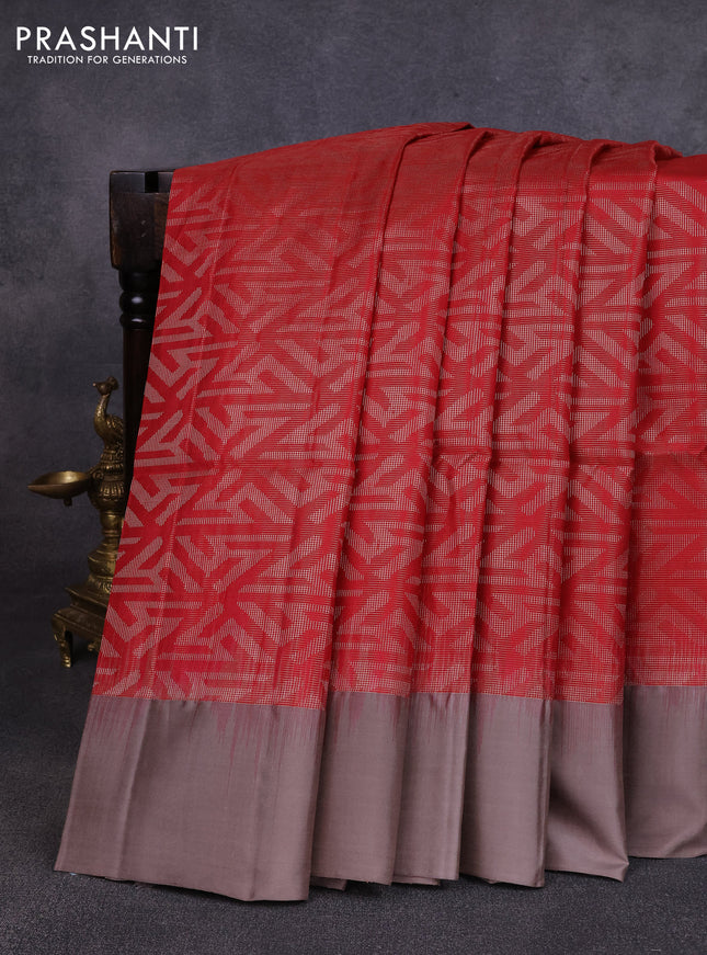 Pure soft silk saree maroon and grey with allover zari woven brocade weaves and simple border