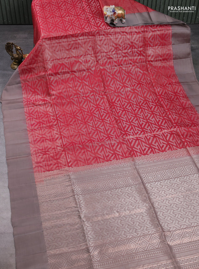 Pure soft silk saree maroon and grey with allover zari woven brocade weaves and simple border