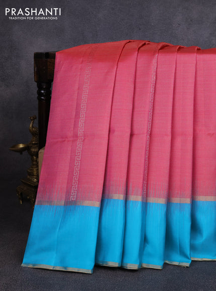 Pure soft silk saree pink and teal blue with allover zari woven brocade weaves and rettapet zari woven border