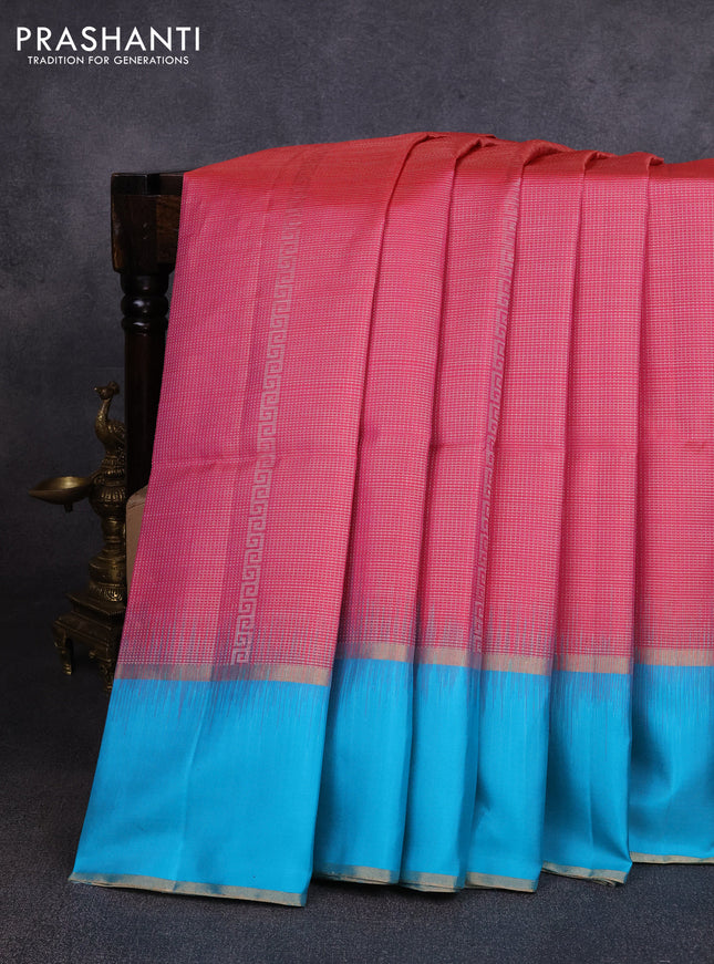 Pure soft silk saree pink and teal blue with allover zari woven brocade weaves and rettapet zari woven border