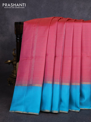 Pure soft silk saree pink and teal blue with allover zari woven brocade weaves and rettapet zari woven border