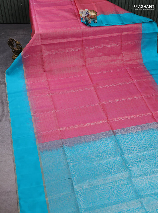 Pure soft silk saree pink and teal blue with allover zari woven brocade weaves and rettapet zari woven border