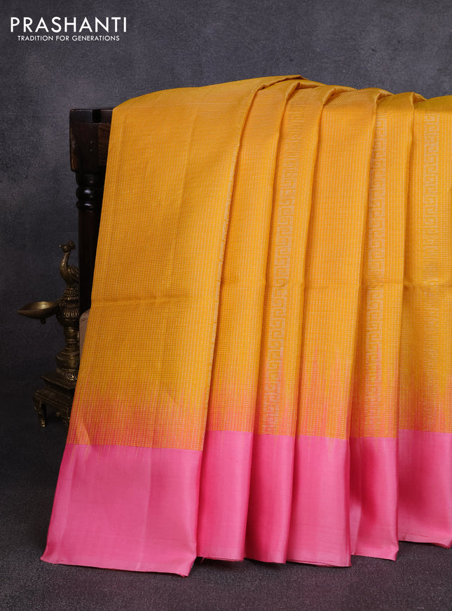 Pure soft silk saree yellow and light pink with allover zari woven brocade weaves and simple border