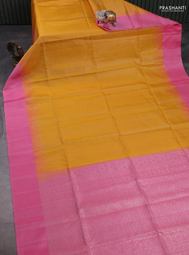 Pure soft silk saree yellow and light pink with allover zari woven brocade weaves and simple border