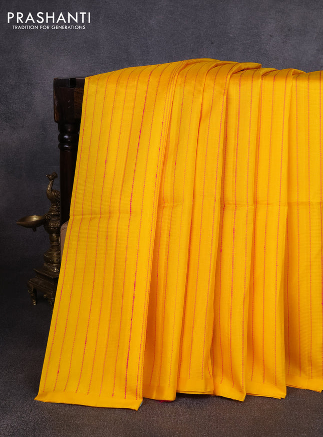 Pure soft silk saree mango yellow and pink with allover thread weaves in borderless style
