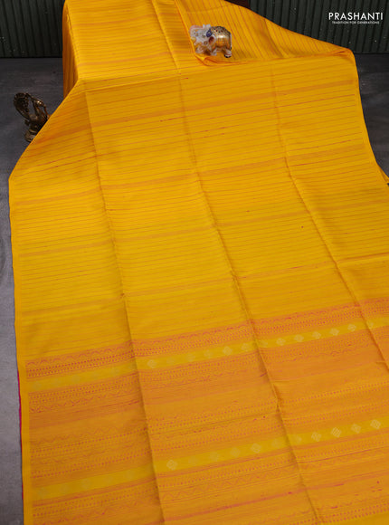 Pure soft silk saree mango yellow and pink with allover thread weaves in borderless style