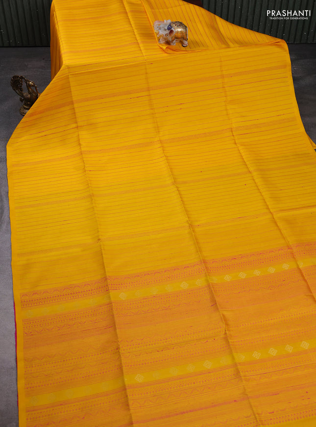 Pure soft silk saree mango yellow and pink with allover thread weaves in borderless style