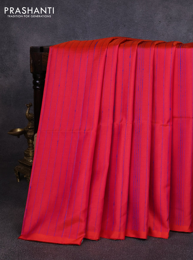 Pure soft silk saree dual shade of pinkish orange and royal blue with allover thread weaves in borderless style