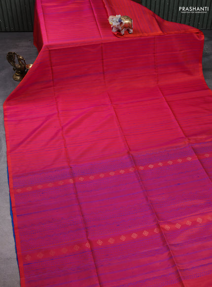 Pure soft silk saree dual shade of pinkish orange and royal blue with allover thread weaves in borderless style