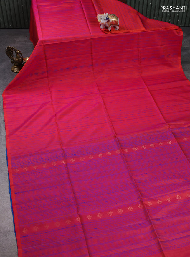 Pure soft silk saree dual shade of pinkish orange and royal blue with allover thread weaves in borderless style