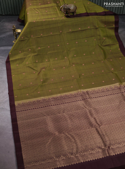 Pure soft silk saree sap green and coffee brown with allover zari weaves & buttas and simple border