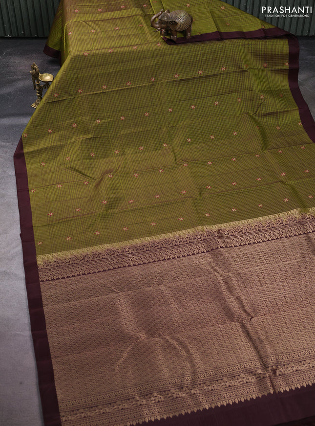 Pure soft silk saree sap green and coffee brown with allover zari weaves & buttas and simple border