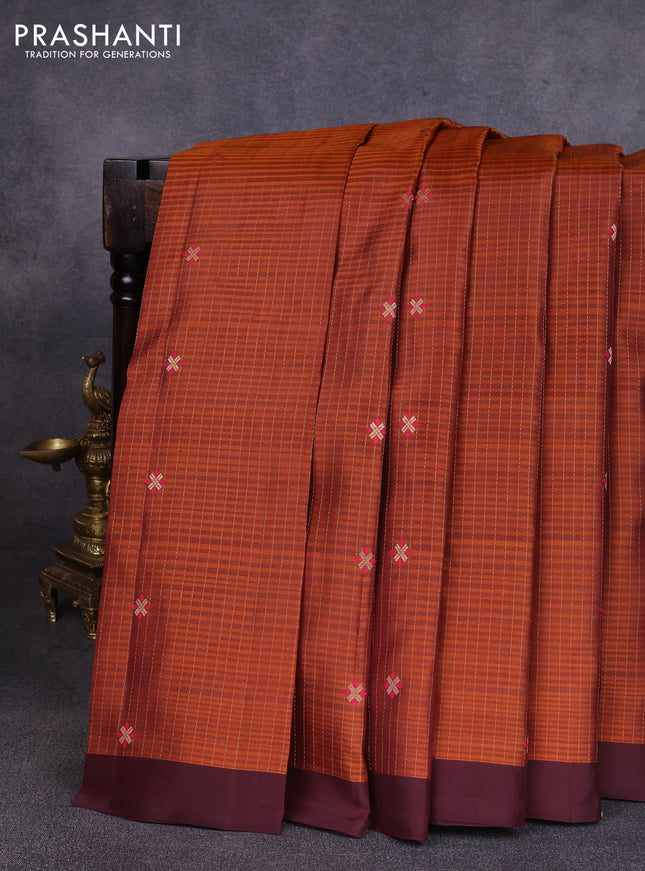 Pure soft silk saree rust shade and coffee brown with allover zari weaves & buttas and simple border